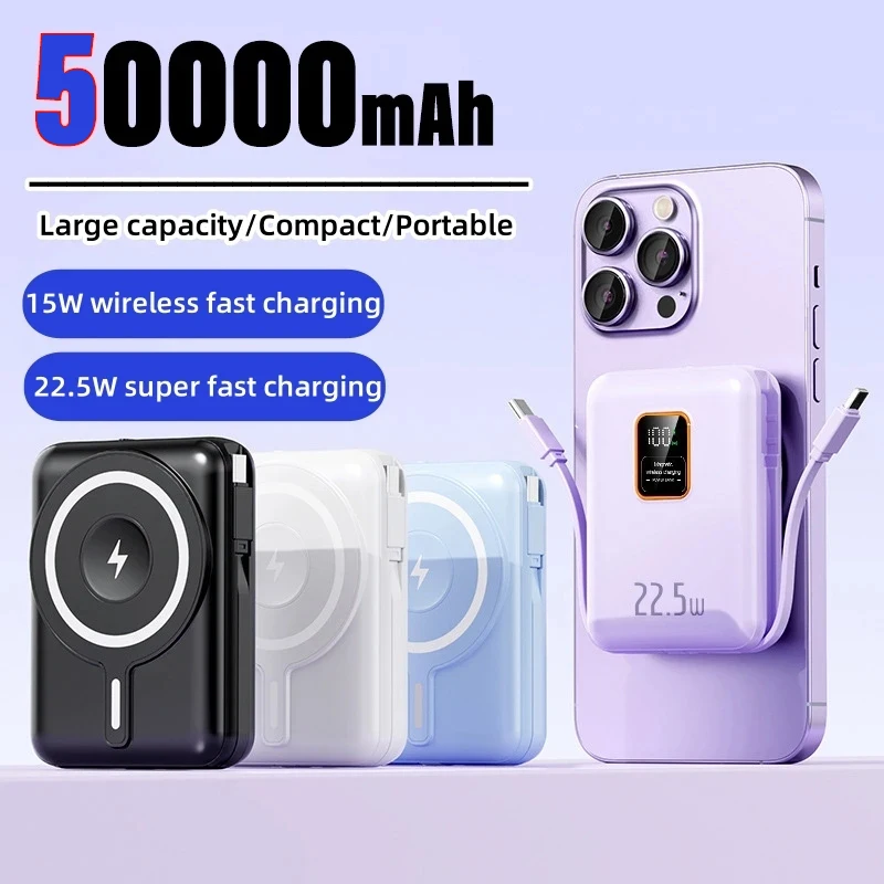 Mini Power Bank Magnetic Wireless 50000mAh 22.5W Fast Charger With Built-in Cable Portable External Battery For IPhone Huawei