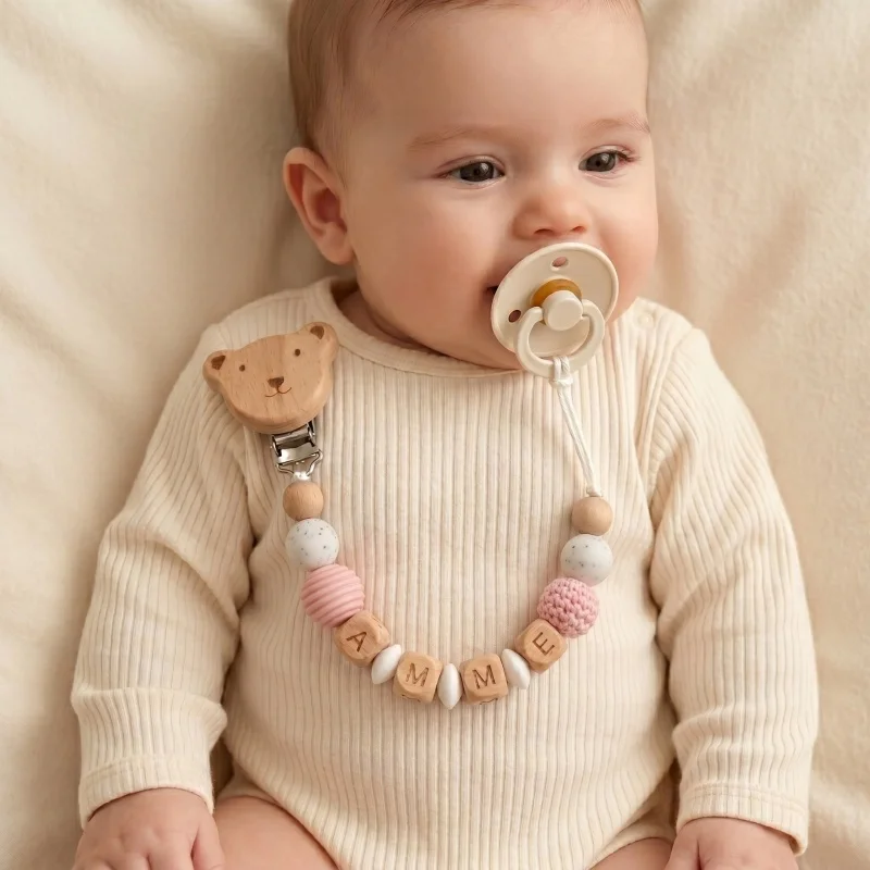 

Handmade Personalized Baby Pacifier Clip Custom Name Silicone Teething Beads Holder Beech Wood Soother Chain for Infant Toddler