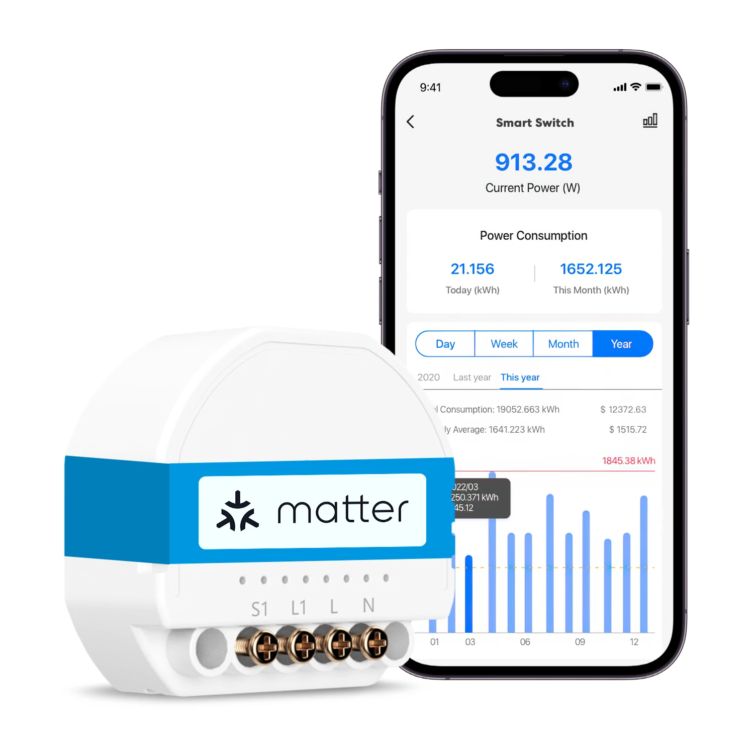 Meross Matter Smart DIY In-Wandschalter MSS815 mit Energieüberwachungsschalter Funktioniert mit einem Gang-/Einpolenschalter – Detail 1