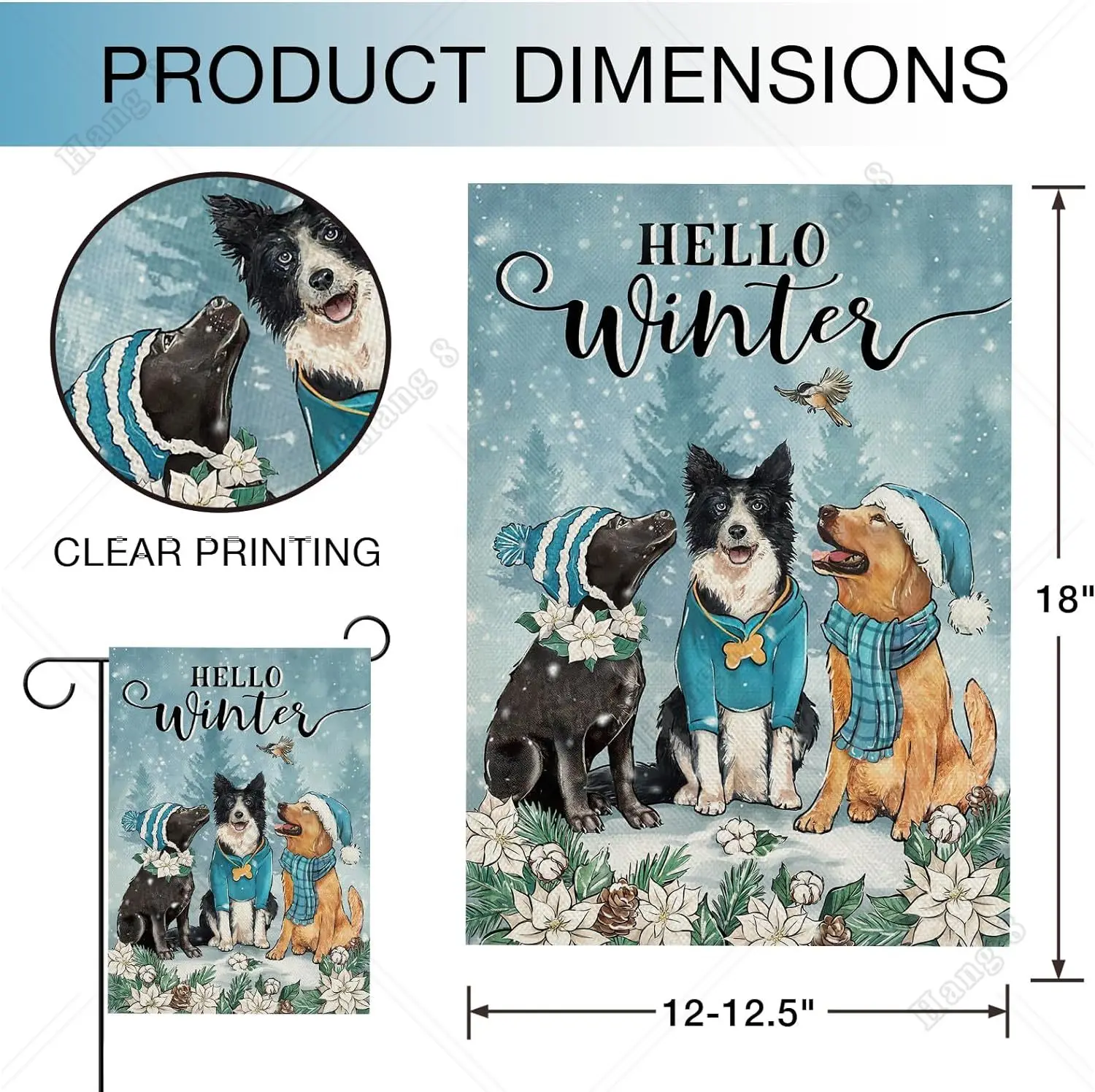 Hello Winter Dogs Poinsettia Garden Flag Golden Retriever Puppy Floral Flower Decorative Yard Outdoor Home 12x18in Decor Snowy