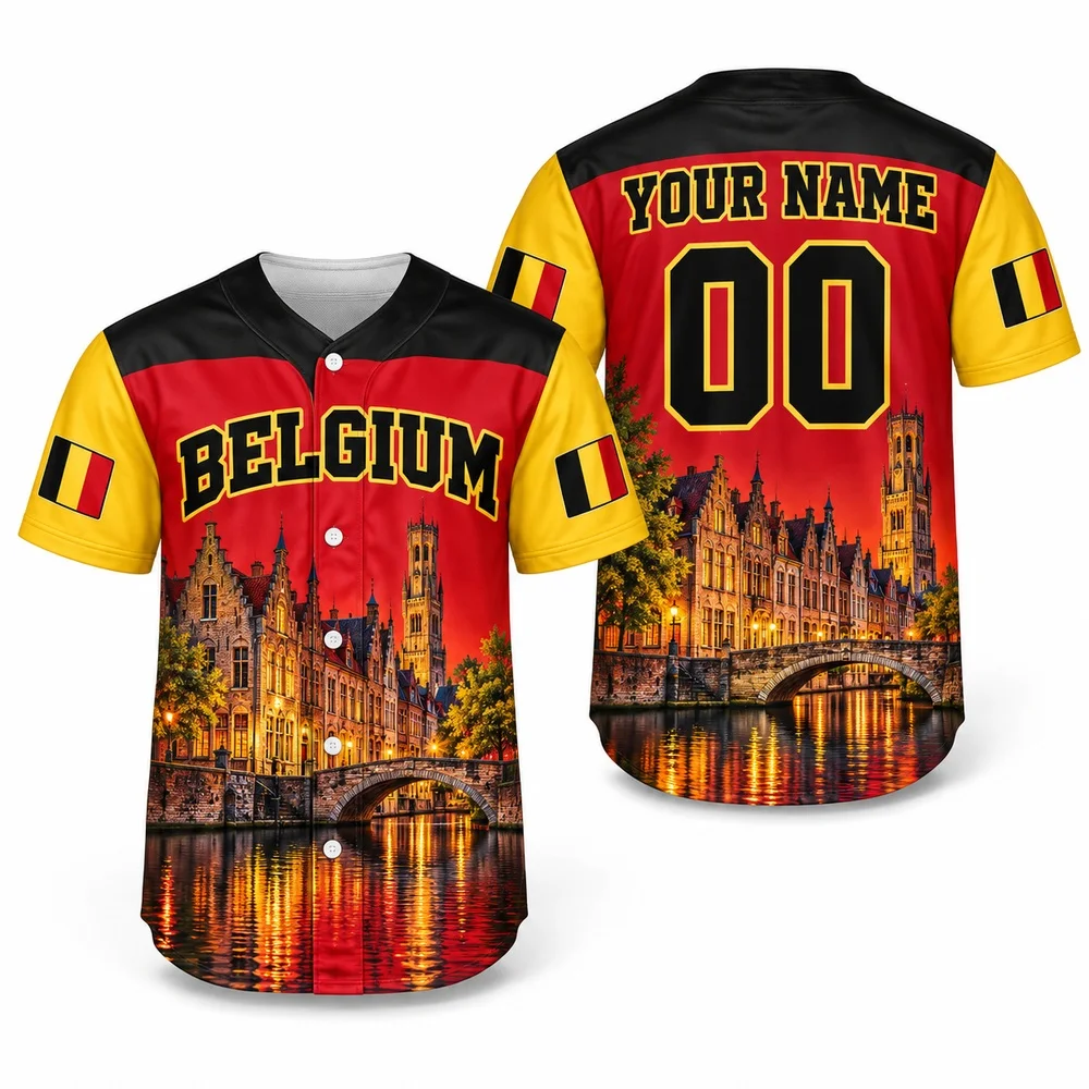 Belgium Black Gold Red Baseball Jersey with Canal Town Art Original Full Print Everyday Shirts and Printed Jerseys Shirt