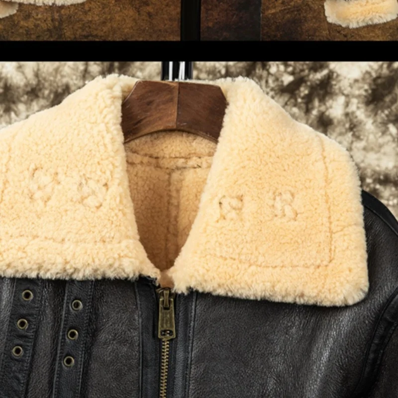 Dark Brown Winter Shearling Jacket Men Military Style Plus Size 5XL Natural Thick Sheepskin Warm B3 Bomber Genuine Leather Coat