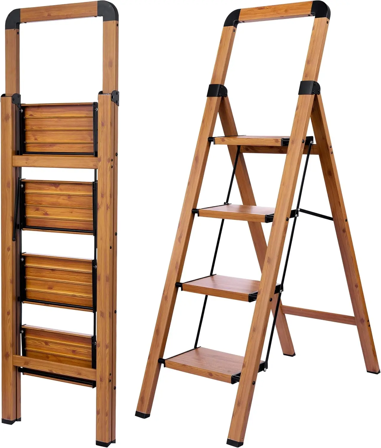 

4-Step Folding Ladder, 330 lbs Capacity, Anti-Slip Pedals, Woodgrain Finish, Lightweight Aluminum