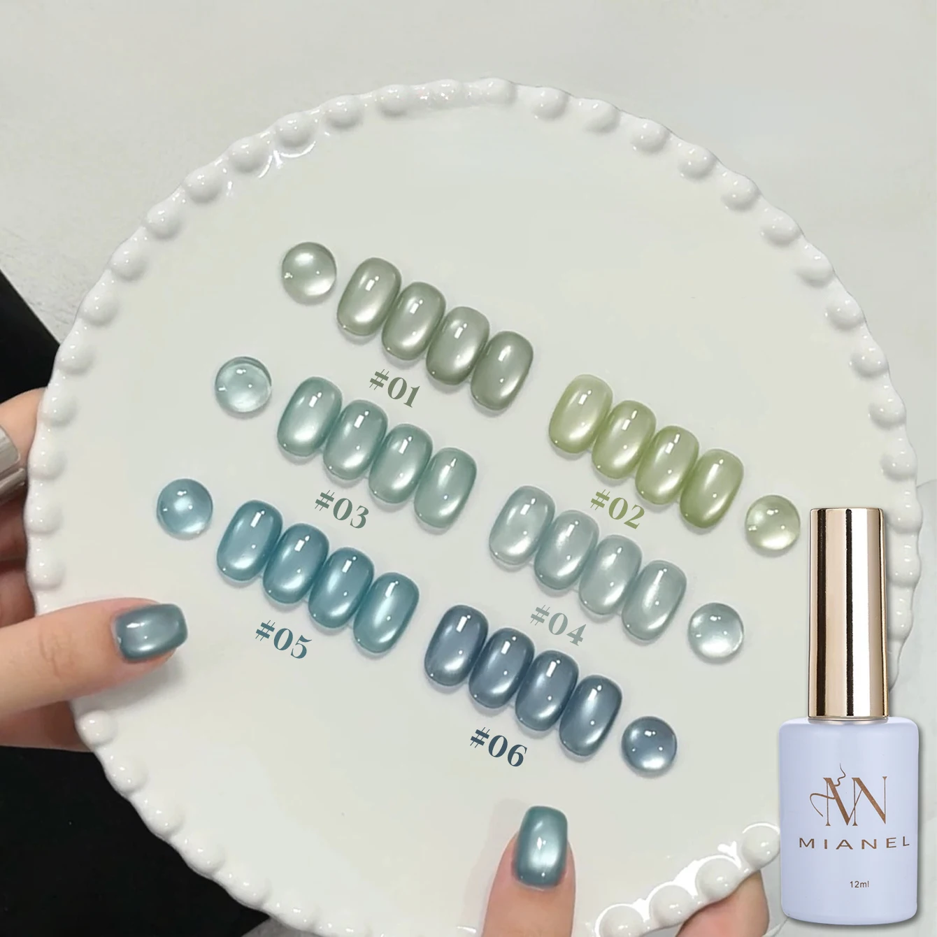 

MIANEL 2026 New Spring & Summer 12ML Sea Salt Mint Cat Eye Gel Nail Polish Teal Green Sparkling Glass Bead Cat Eye Nail Art