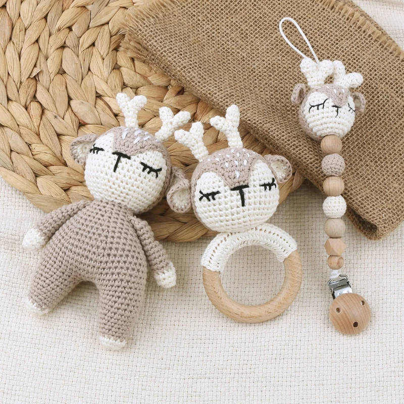 1 zestaw Baby Play Gym zabawki Crochet Elk Fox grzechotka noworodka wózek klipy zabawka do kołyski wózek Mobiles dzwonek zawieszany drewniana zabawka edukacyjna