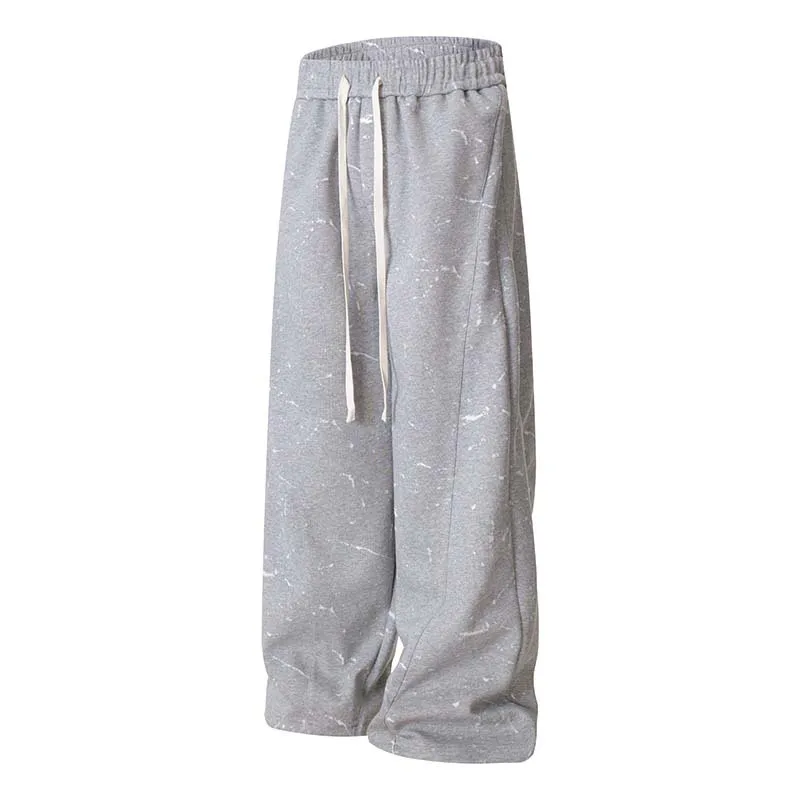 American High Street Splashed Ink Elastic Waist Baggy Sweatpants Men's Loose Straight Casual Sweat Pants Gray Relax Fit