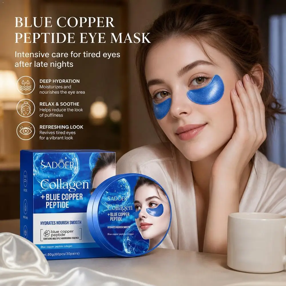 Blue Copper Peptide Collagen Eye Mask 60Pcs Firming Hydrating Under Eye Patches for Dark Circles & Fine Lines Care Puffiness