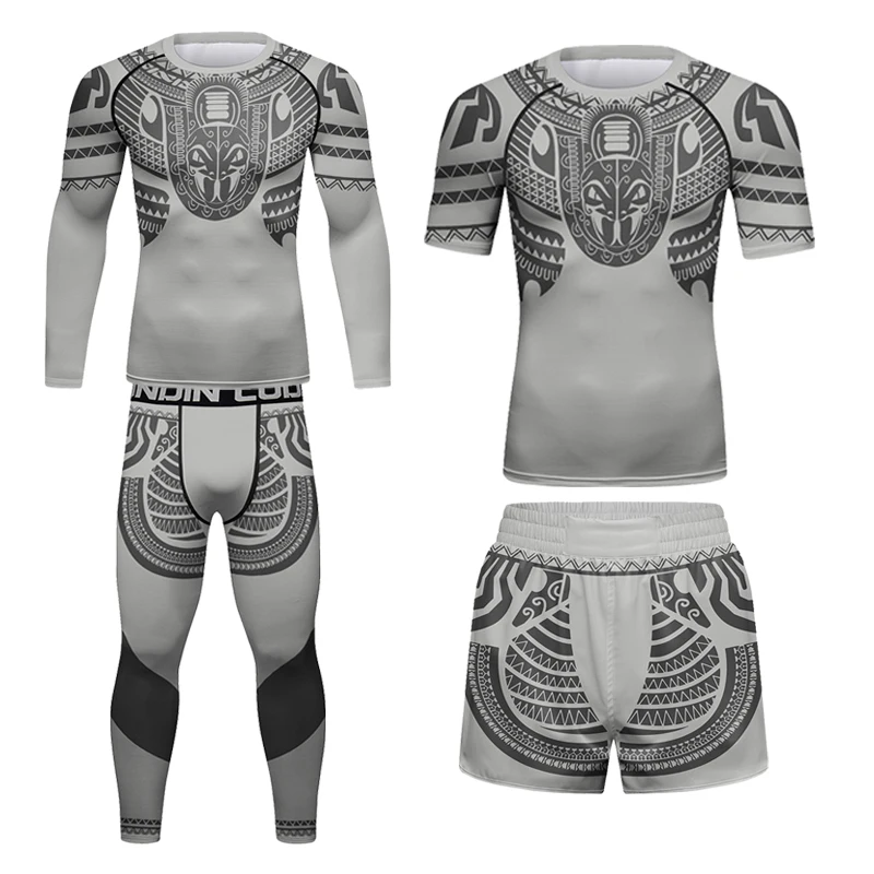 4 Pieces Rash Guard Sets FOR Men High Elasticity Compression Jiu Jitsu MMA Muscular Cool Tracksuit Male Fitness Gym Rashguard