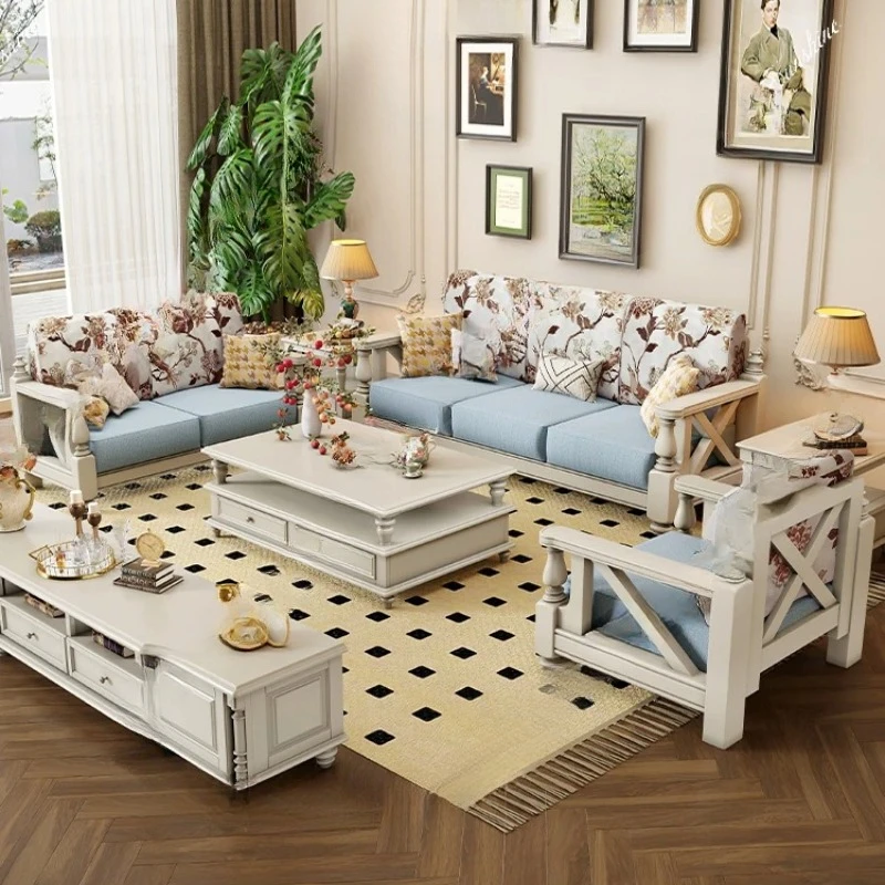 A  white sofa solid wood fabric retro small apartment living room three people 123 combination