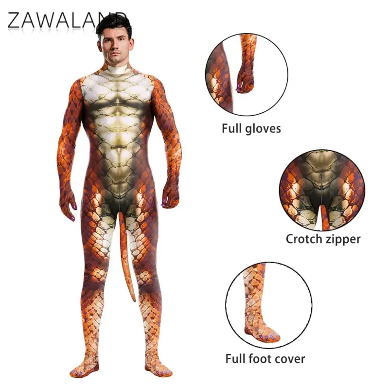 Zawaland Halloween Animal Costume with Tail Cosplay Petsuit for Man Zip Crotch Carnival Catsuit Holiday Zentai Bodysuit Outfit