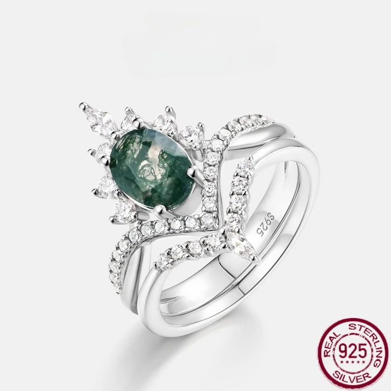 

New S925 Pure Silver Crown Water Grass Agate Set with Green Moss Pair Ring, Fashionable and Versatile Wedding Jewelry