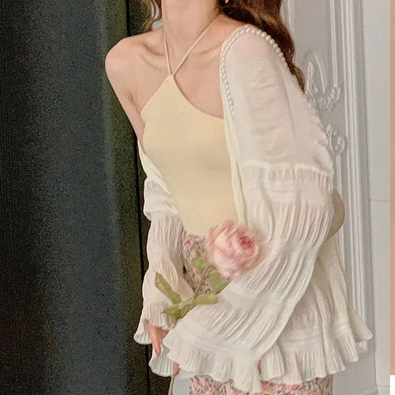 

Cardigan Women Solid Shirring Sun-proof Loose-fitting Elegant Breathable Summer Flare Sleeve Outwear All-match Feminine Ulzzang