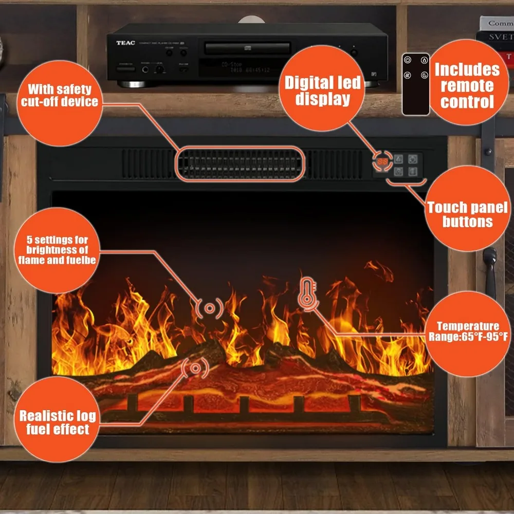 65 Rustic Oak Electric Fireplace TV Stand with Media Storage for Living Room