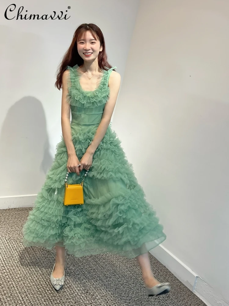 Multi-Layer Ruffled Evening Dress Women High-End Fashion Banquet Sleeveless High Waist Slimming Temperament Party Long Dress