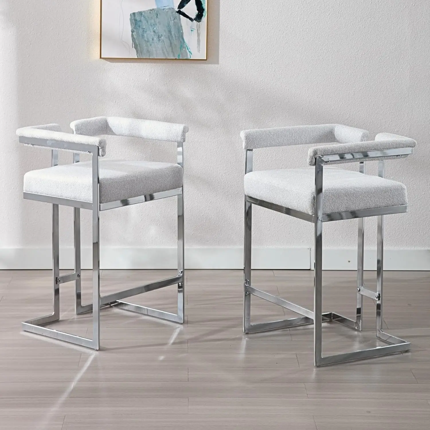 Heah-Yo Modern Linen Bar Stools Set Of 4, 26"" Counter Stools With Back Upholstered Barrel Barstools With Silver Metal Legs Bar