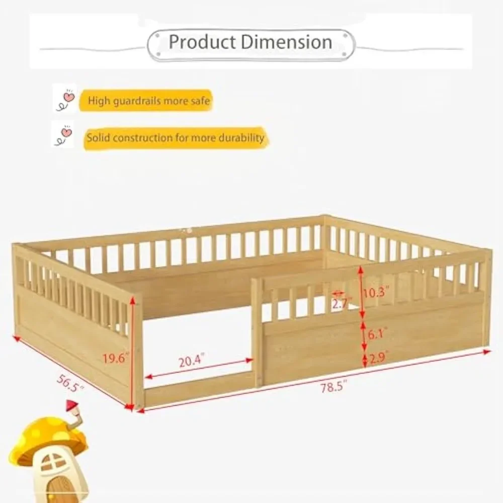 Lit au sol pour enfants, lit Montessori avec garde-corps à haute clôture, lit de maison de jeu en bois avec R64.pour bébés garçons filles adolescents