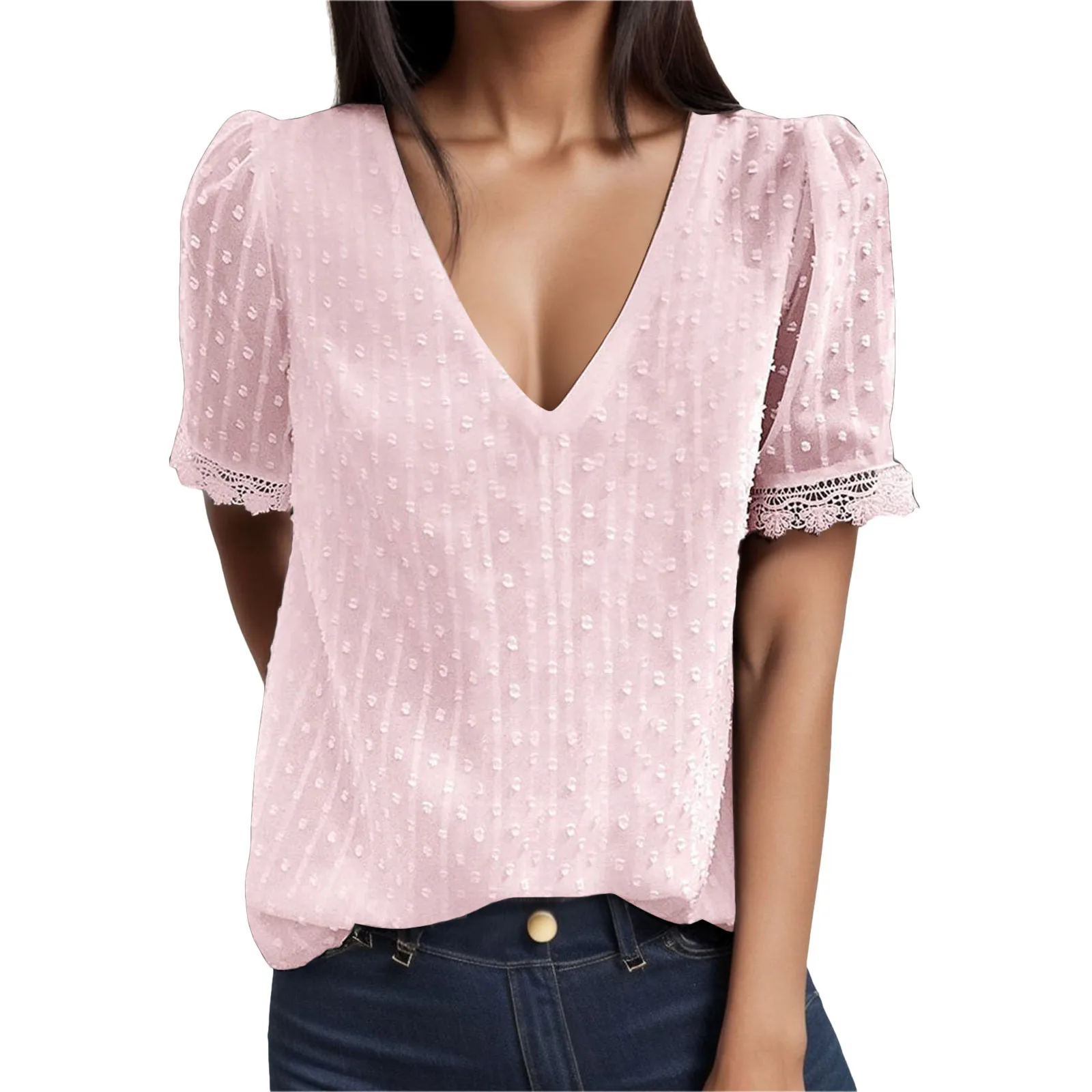 

Womens Elegant Vintage double Tunic Tops T Shirt V-neck short sleeve lace Solid Color shirt Tee Fashion Outdoor Casuals t shirts