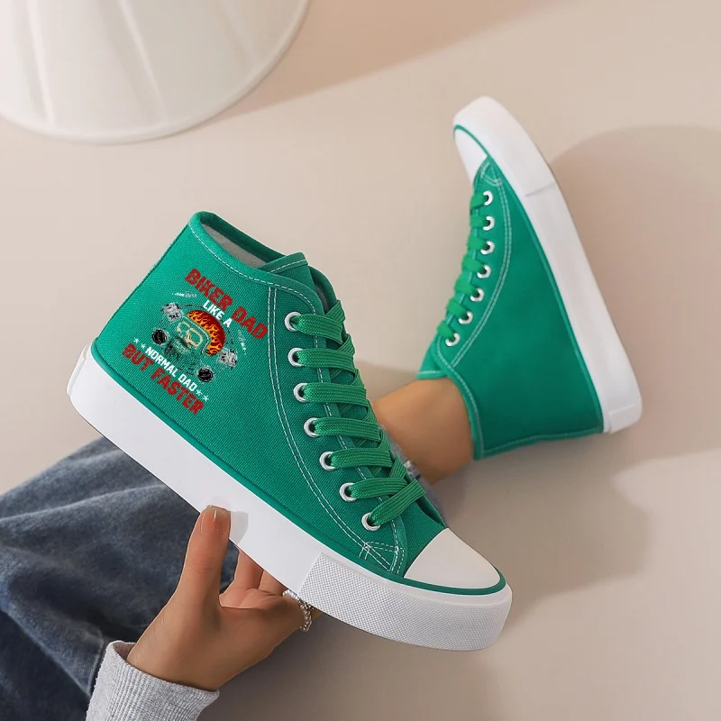 

Women's Green High-Top Canvas Sneakers: Cartoon Print, Lace-Up & Platform Sole. Trendy for Campus & Daily Wear.