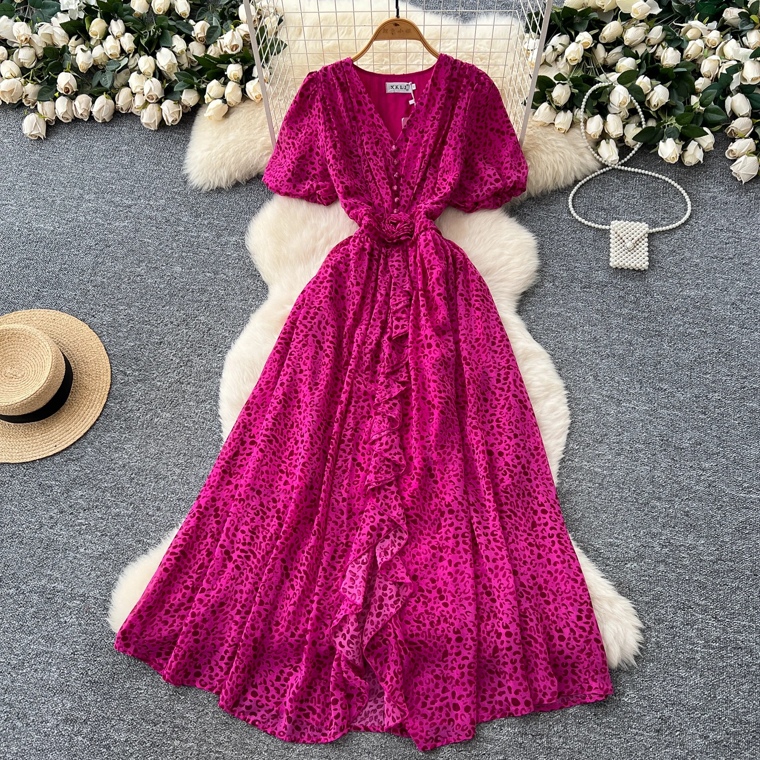Chic vintage Tridimensionale volant sottile Elegante Fata moda coreana Boho Vestito estivo abbigliamento donna Abito lungo