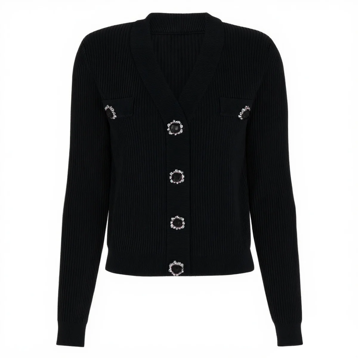 

Women's High-Quality Spring & Autumn New Style Fashionable Elegant Button-Detailed Knitted V-Neck Long-Sleeve Top/Outerwear