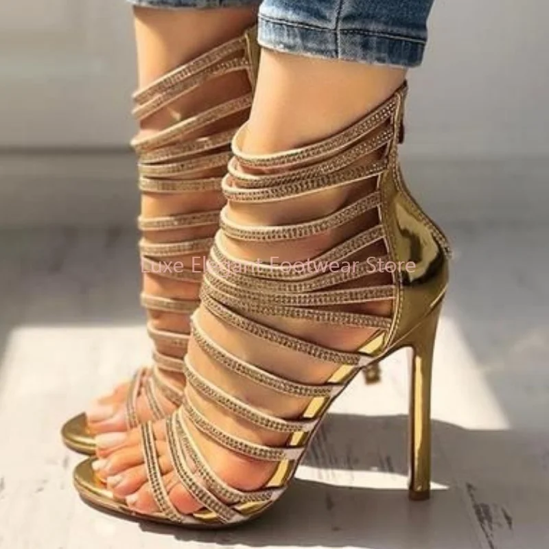 

Gold Shiny Rhinestone Narrow Band Hollow Sandals Women Open Toe Back Zipper Thin High Heels Sexy Trendy Gladiator Party Shoes