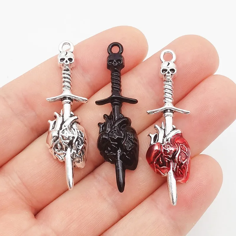 6Pcs Punk Gothic Skull Sword Charm Pendant Sword Piercing Heart Pendant Red Enamel DIY Handmade Jewelry Making Accessories