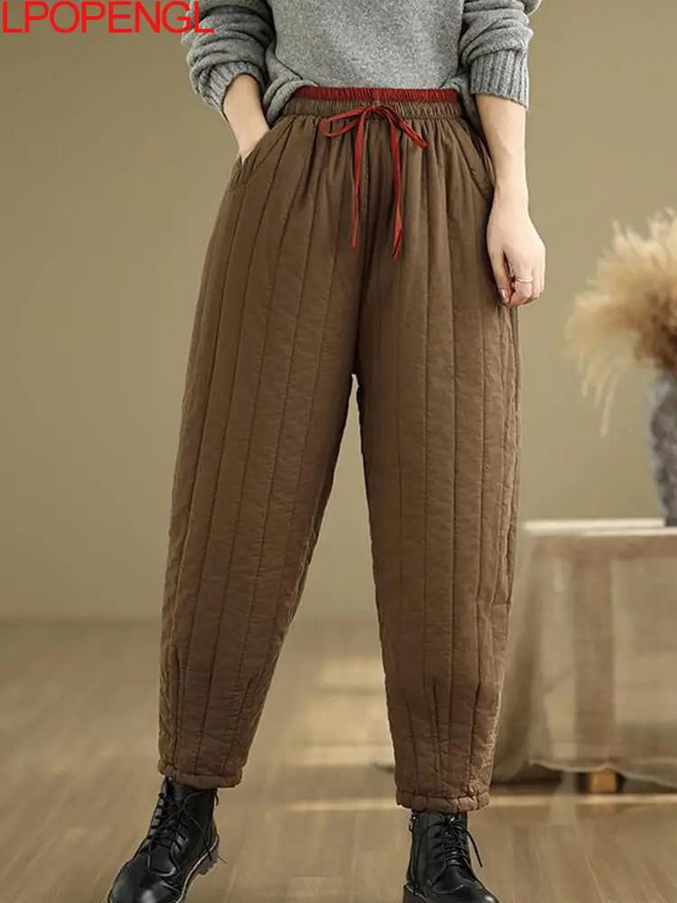 Literary And Versatile Patchwork Vintage Cotton Trousers Women's Winter 2024 New Solid Color Elastic Waist Loose Harem Pants