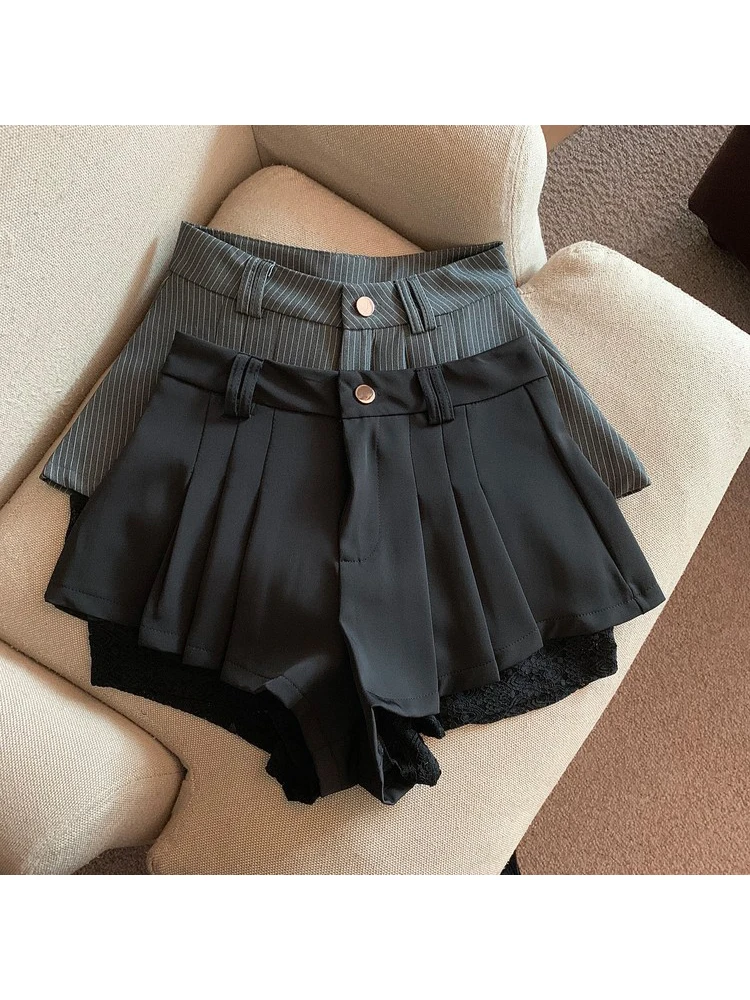 Summer Women Ballet Core Striped Lace Pleated Shorts Korean Fashion 2000s Aesthetic Gyaru Hot Pants Tide Old Money Mori Girl New