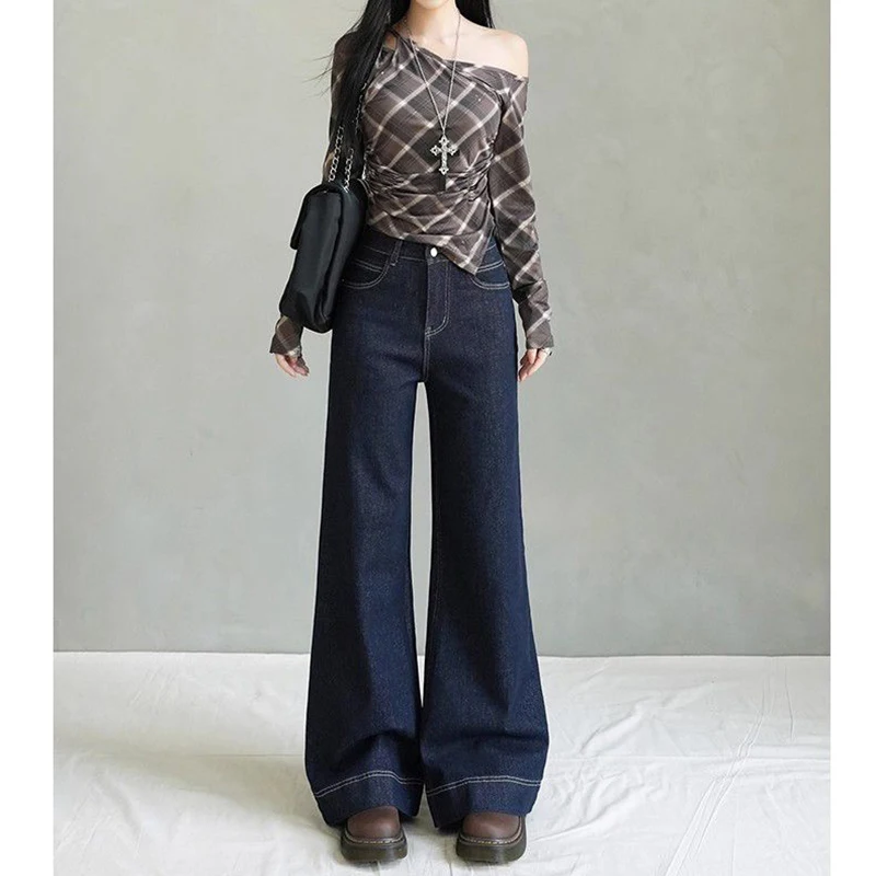 Girls Fashion Thin Straight Leg Casual Jeans Female High Waist Baggy' Denim Pants Lady Retro Solid Color Trousers