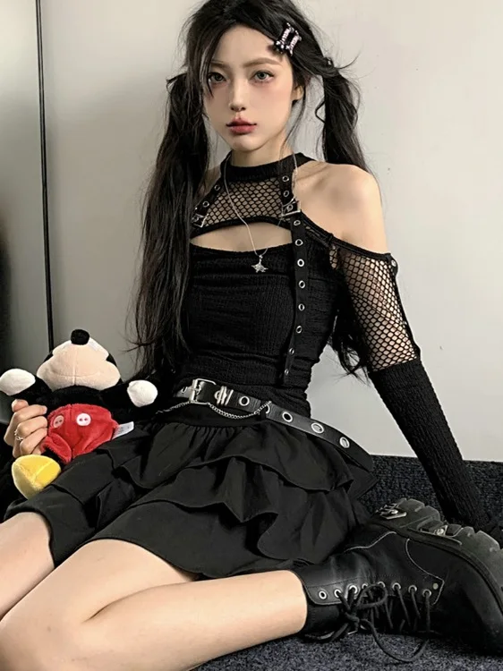 Dark Jazz Dancewear Set Net Sexy Girl Top Y2K Sweet Hot Female Group Kpop Stage Performance Costume Polyester Fabric
