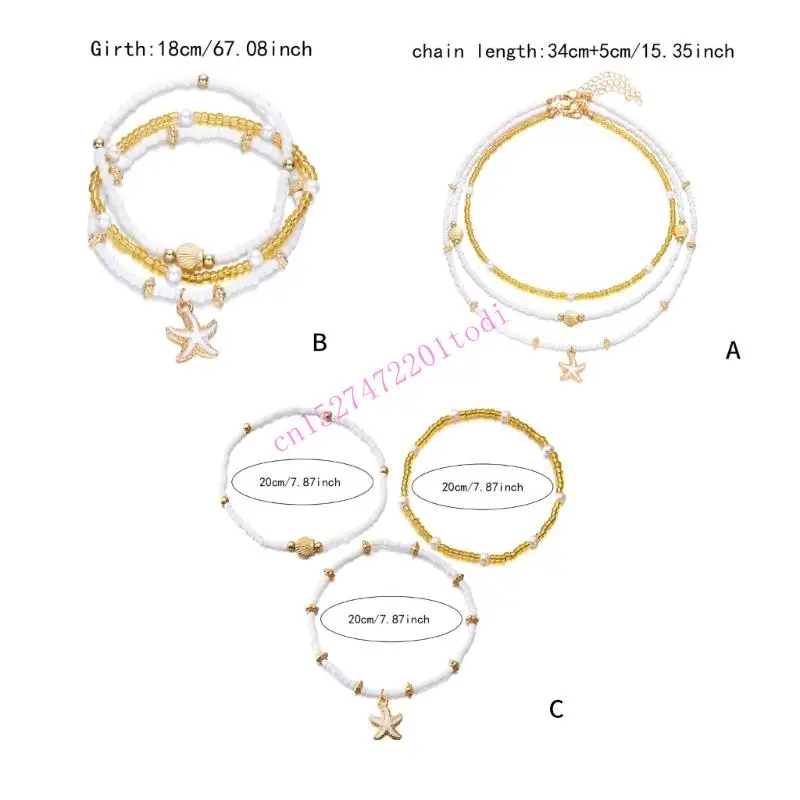 M76B Versatile Beach Jewelry Set Shell Bead Anklet Bracelet Necklace Adjustable