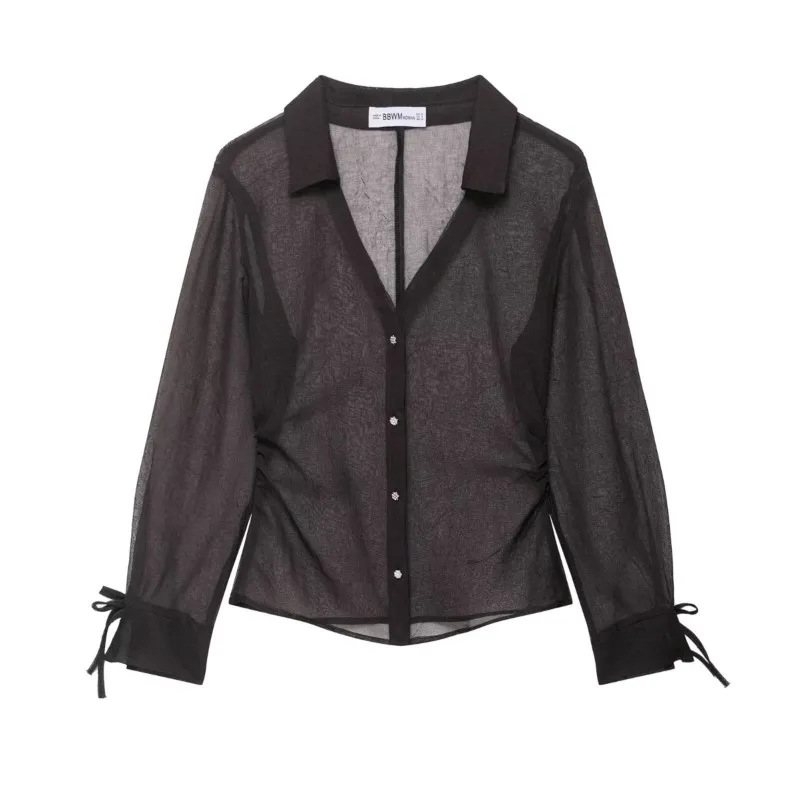 

NERHEFZ Semi Sheer Shirt With Ties Women Autumn Long Sleeves V Neck Button Lady Shirts Simple Female Shirts & Blouses