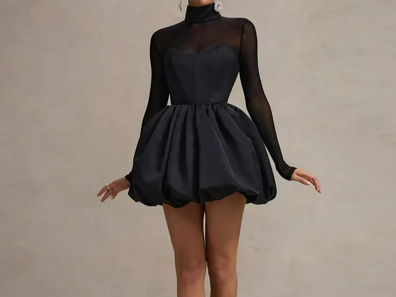 

Half High Collar Flower Bud Long Sleeved Dress for Women's Autumn High-end Feeling Waist Cinching Dress