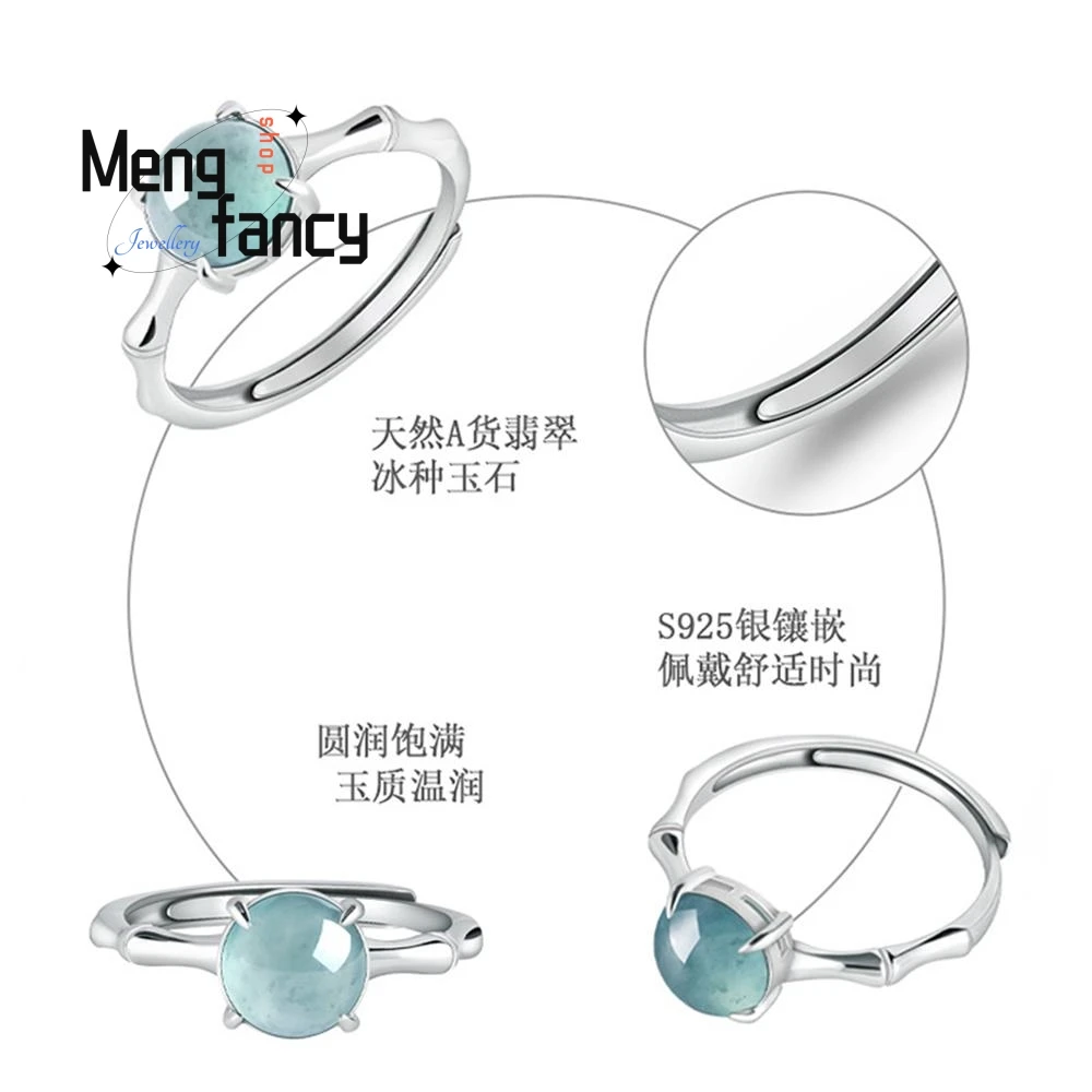 Natural A-goods Jadeite Blue Water Bamboo Ring Ice Jade S925 Silver Inlaid Couple Promise Luxury Jewelry High-grade Holiday Gift