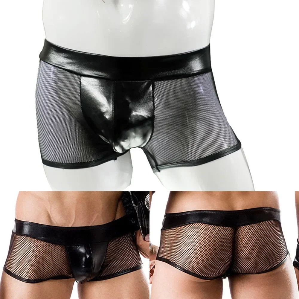 الرجال مثير الملابس الداخلية فو الجلود جذوع شبكة صيد السمك شبكة سوداء ملهى ليلي الملاكمين رجل منخفضة الارتفاع الملابس الداخلية المثيرة موجز تنفس سراويل