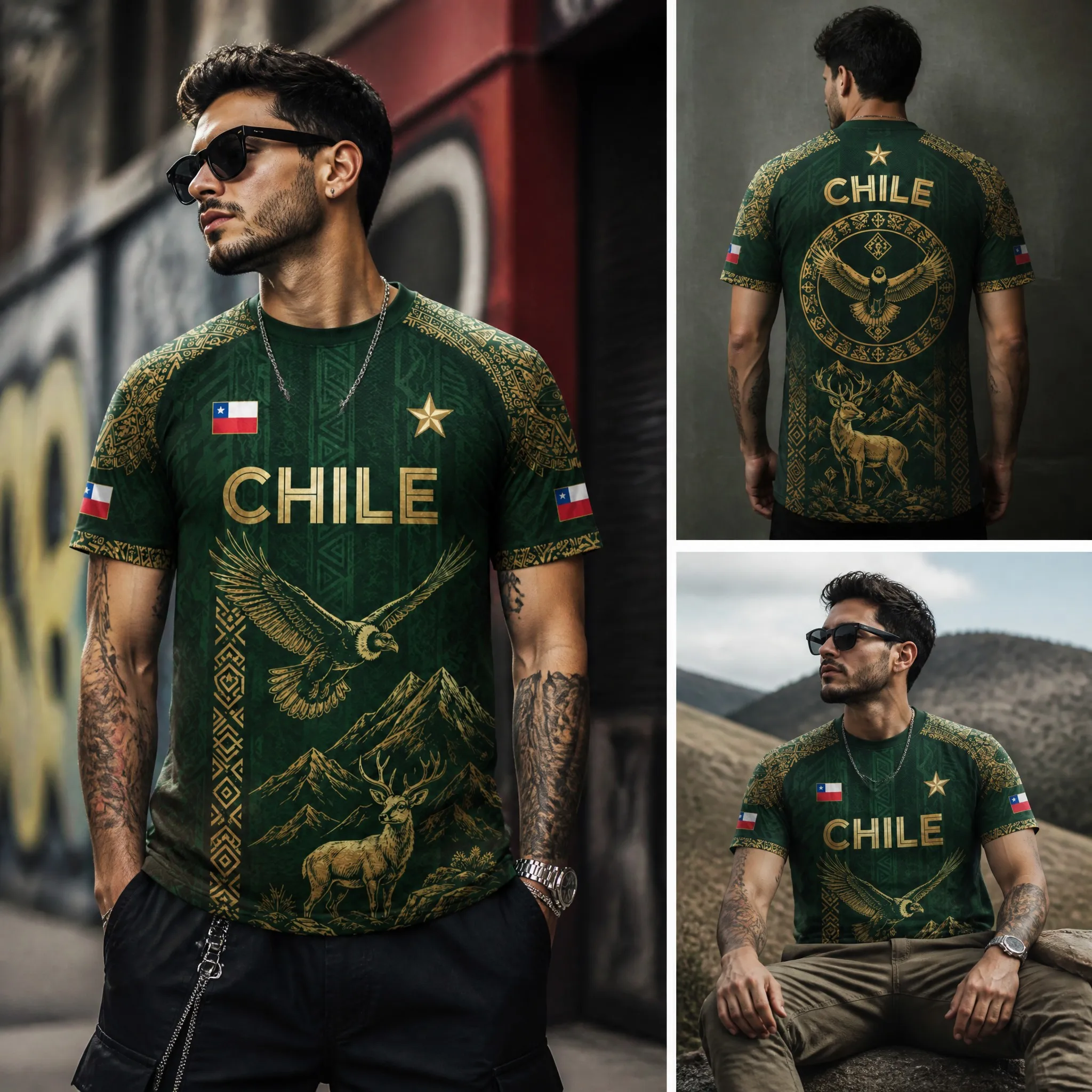 Mens Crew Neck T Shirt Chile Burgundy Gold Eagle Mountain Graphic Short Sleeve Casual Street Outdoor Team Style Top Wear New Tee
