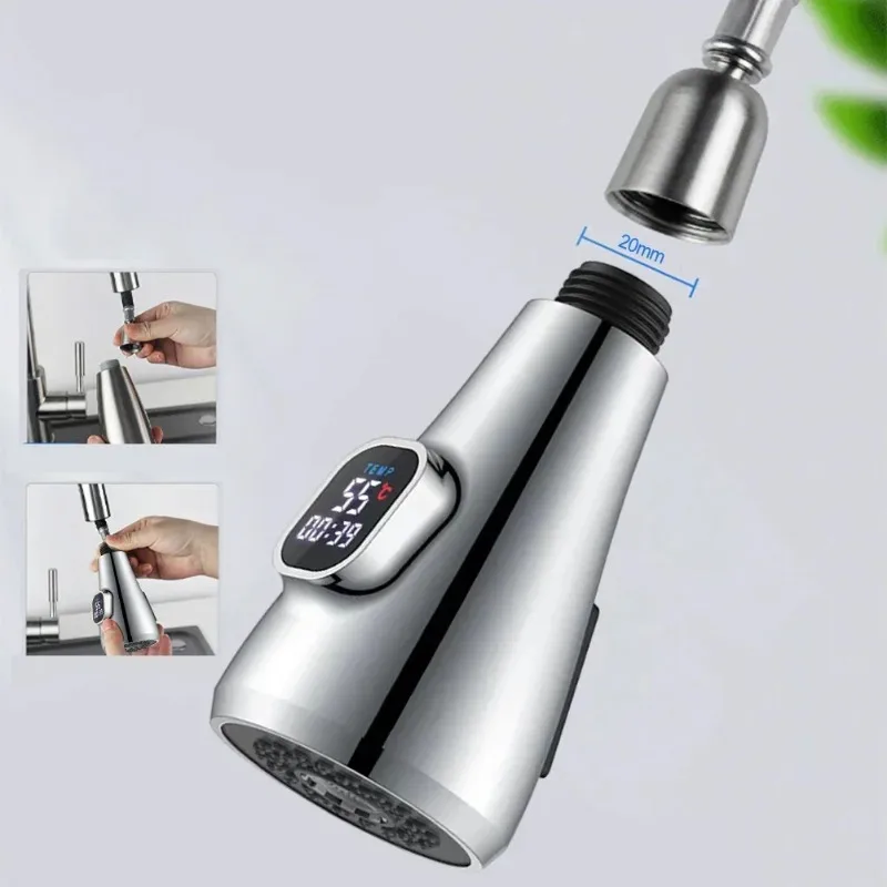Kitchen Pull-Out Faucet Sink Spray Head Water-Saving Sprayer Faucet Shower Head Digital Display Temperature Sensor Nozzle