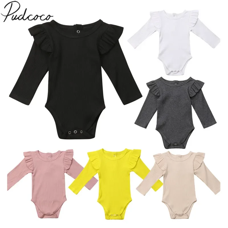 2020 Brand New Newborn Infant Kids Baby Girls Boys Autumn Causal Bodysuits Ruffles Long Sleeve Solid Warm Jumpsuits Outfit 0-24M