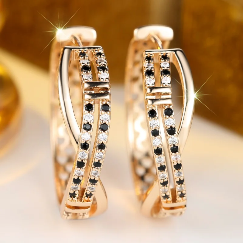 Personalized Cross Black and White Collision Diamond Ear Buckle Gold Hollow Double-layer Cool and Stylish Niche Women's Jewelry