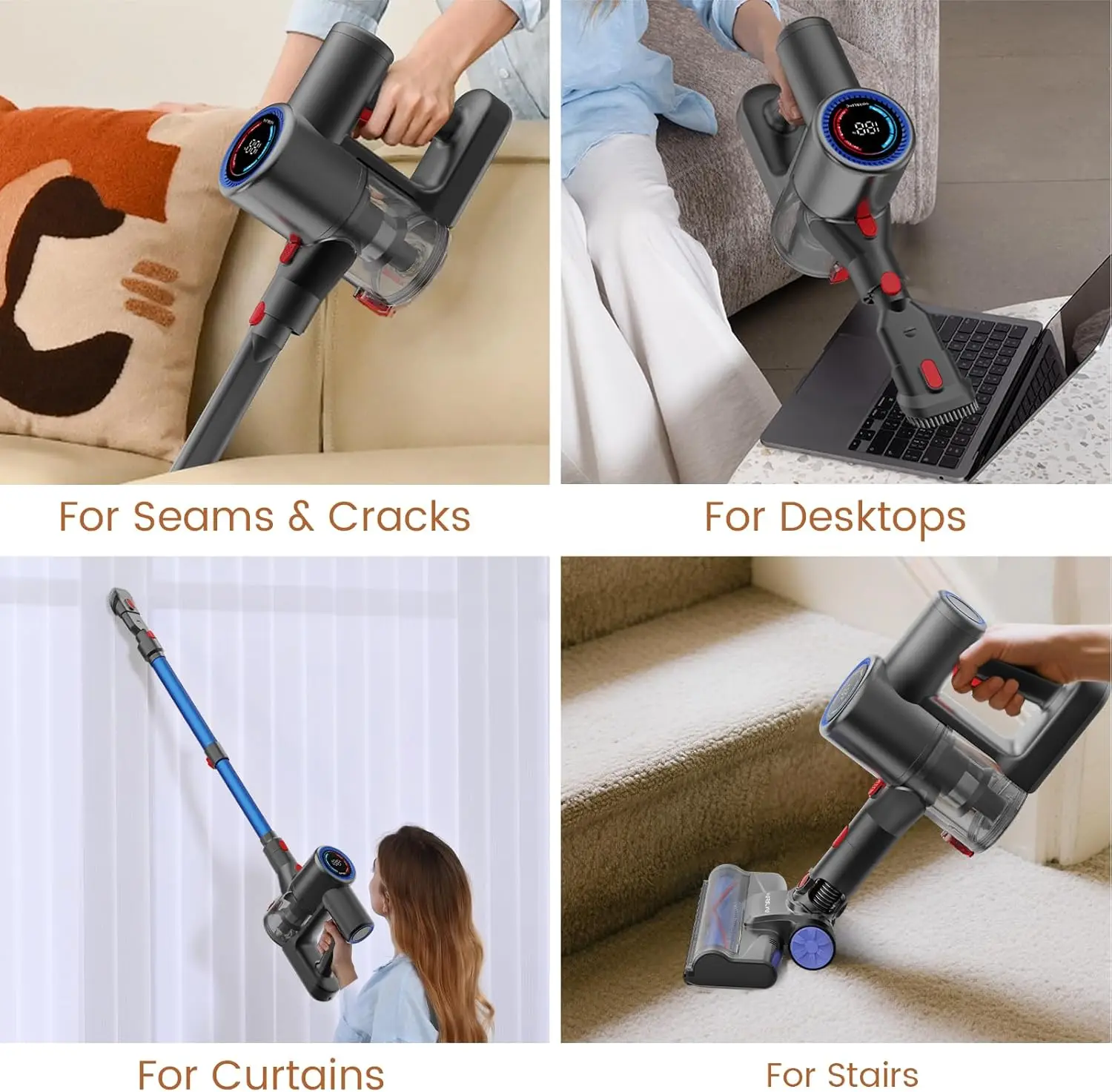 مكنسة كهربائية لاسلكية Z8، شفط طاقة 40 كيلو باسكال/500 وات، شاشة LED، مكنسة كهربائية خفيفة الوزن 6 في 1 مع ضوء LED أخضر