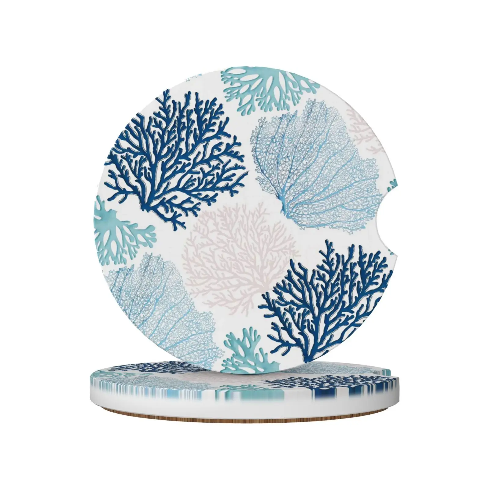 Coral Branch Ocean Themed Ceramic Coasters 2 PCS Car Cup Holder Insert Coasters Universal Vehicle Coasters Auto Cup Mats