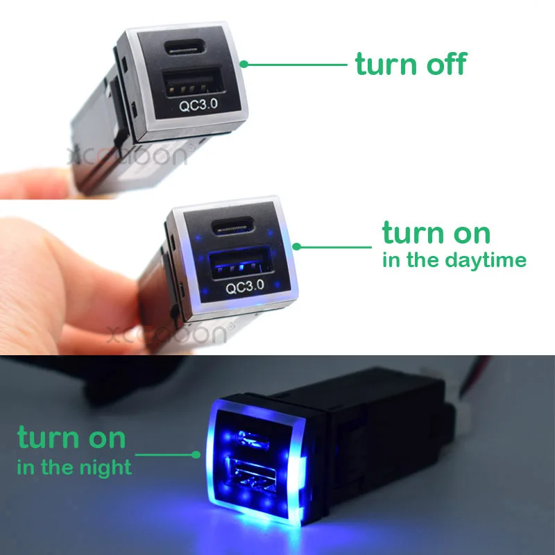 Type-C & USB QC3.0 Car Quick Fast Charger Adapter for Toyota Land Cruiser Prado 150 Series Rav4 Camry Hiace Corolla
