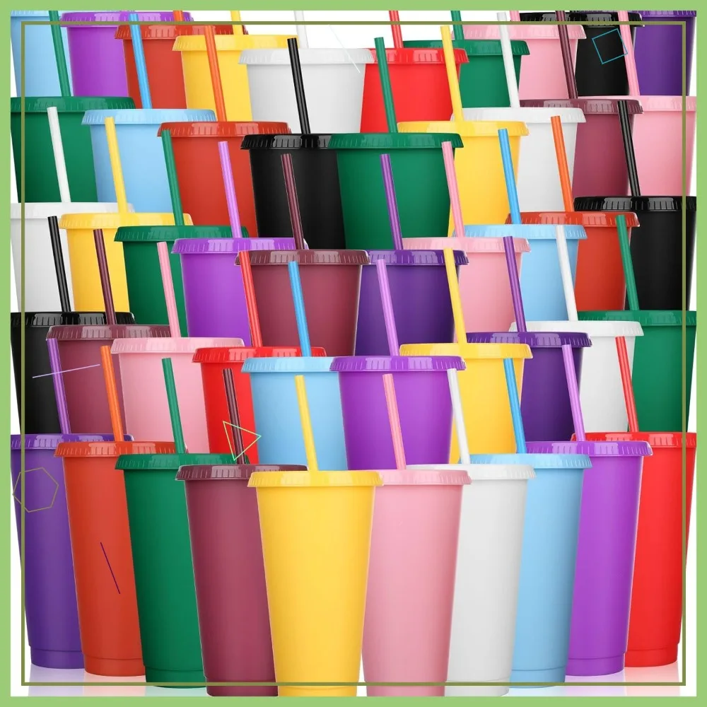 

Набор из 60 многоразовых пластиковых стаканов с соломинкой и крышкой, 24-27 унций, для холодного кофе, дорожные кружки для вечеринок и дней рождения (однотонные)