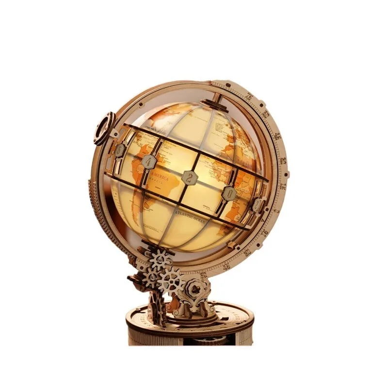 Creative Wooden 3D Puzzle Electric Globe Building Kit DIY Mechanical Assembly Model with Rotating World Map