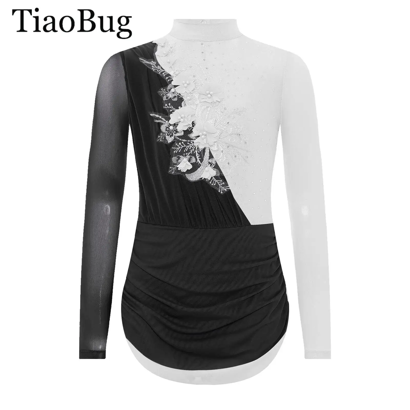 

Girls Ballet Lyrical Dance Dress Gymnastics Leotard Figure Skating Dress Sheer Mesh Long Sleeves Rhinestone Modern Dance Costume