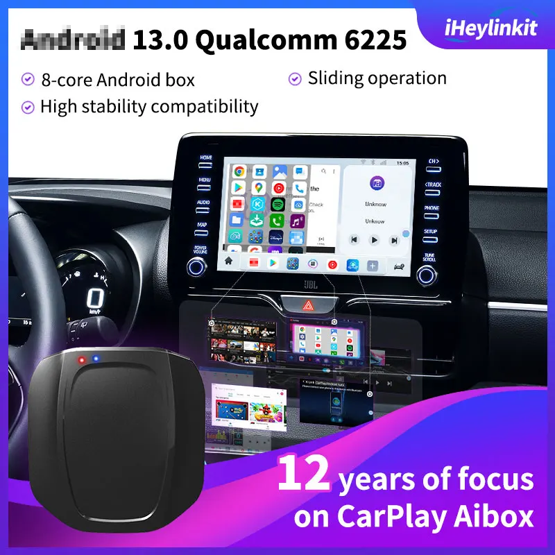 

iHeylinkit CP708 Smart Ai Box Wireless CarPlay Android Auto Adapter Android 13.0 Built-in Video Software GPS 4G LTE 64G 128G