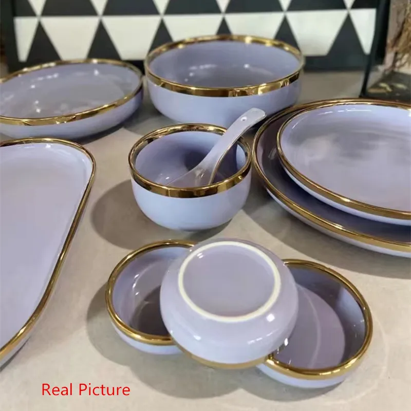 Bright Purple Porcelain Dinner Tray Kitchen Plates With Gilt Rim Ceramic Tableware Food Dishes Rice Salad Noodles Bowl