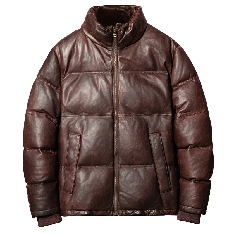 Red Brown Winter Leather Jacket Men Retro Style Plus Size 5XL Genuine Natural Sheepskin Stand Collar Thick Warm Down Coat