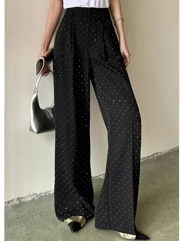 Summer Rhinestone Wide Leg Pants High Waist Draping Feeling Fashionable Popular Straight Tube Floor Dragging Pants Women's Trend