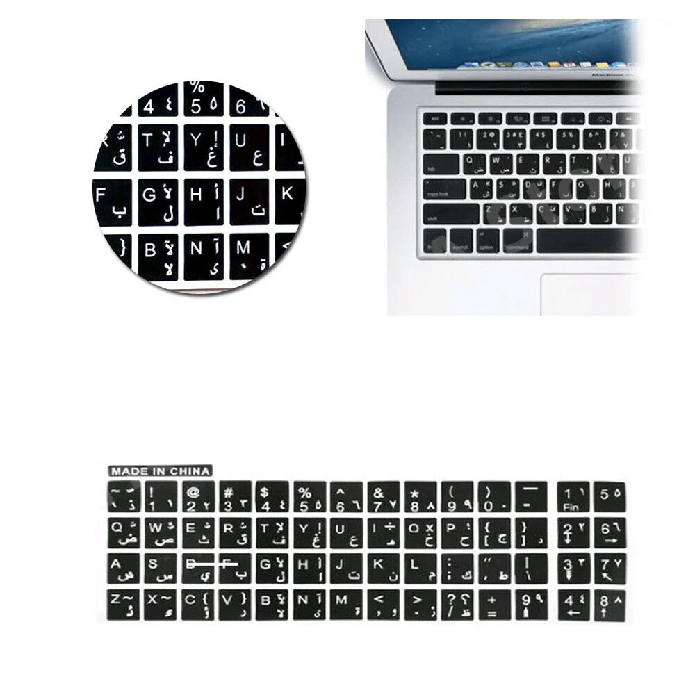 Replacement Arabic Keyboard Stickers Black Background White Lettering for Universal Computer Desktop Notebook Keyboard Cover